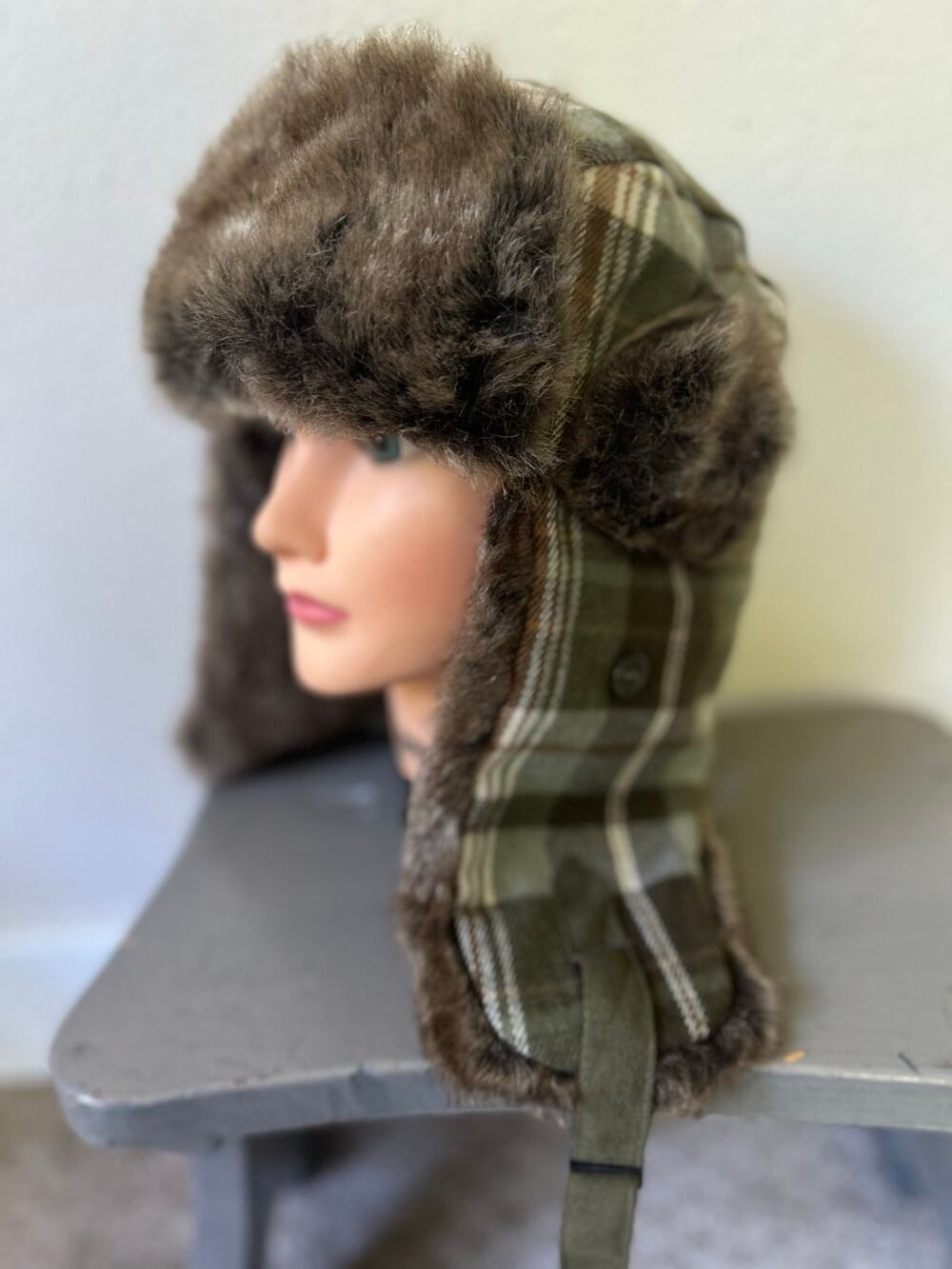 Plaid Faux Fur Trapper Hat Brown Green Ear Flap Aviator Winter hunting outdoors